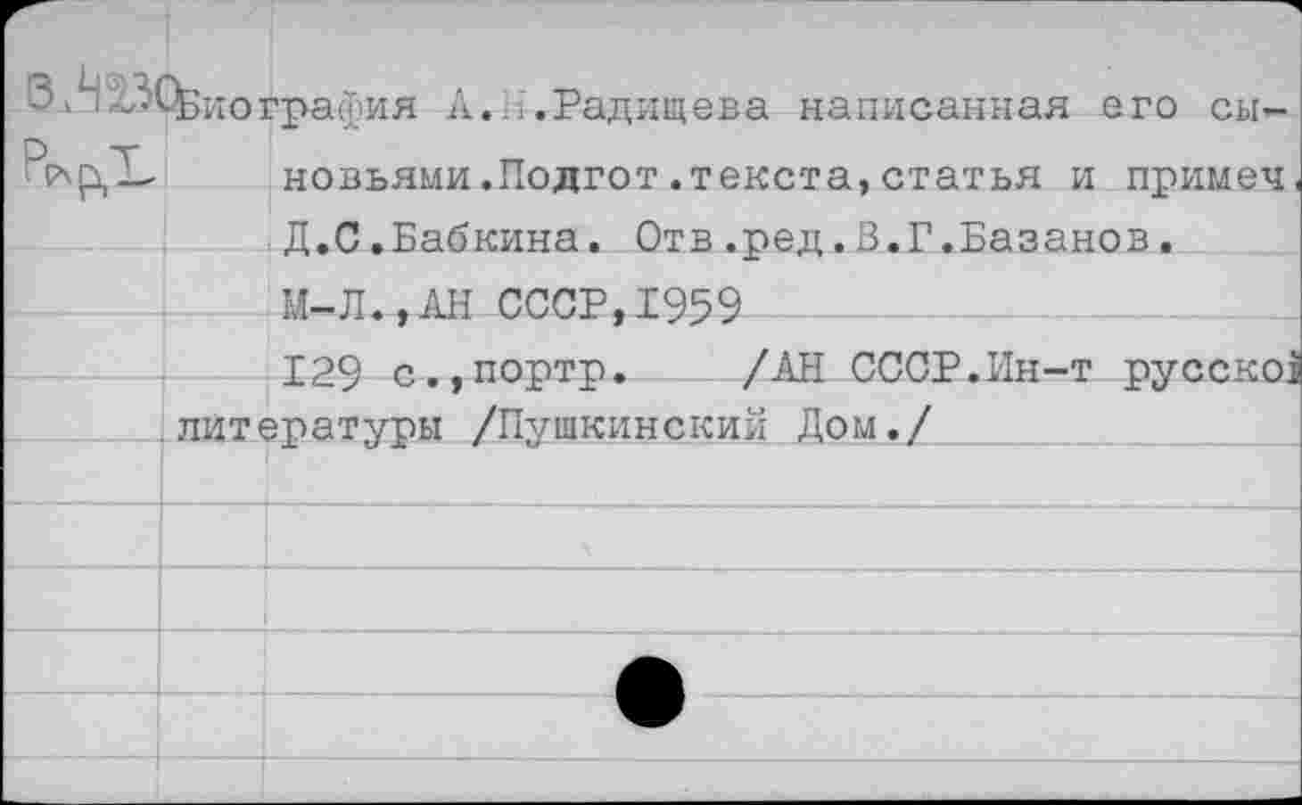 ﻿5»НХ0виография А. Н. Радищев а написанная его сы-новьями.Подгот.текста,статья и примеч. Д.С.Бабкина. Отв.ред.В.Г.Базанов. М—Л.,АН СССР,1959
129 с.,портр. /АН СССР.Ин-т русско^ литературы /Пушкинский Дом./